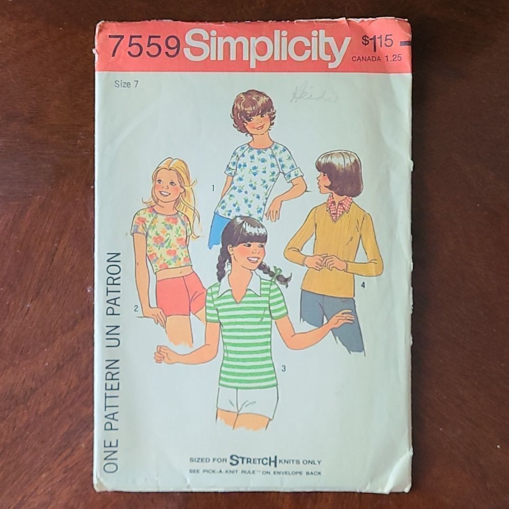 3/$15 vintage 1976 Girls Tops Simplicity Sewing Pattern 7559 sz 7  